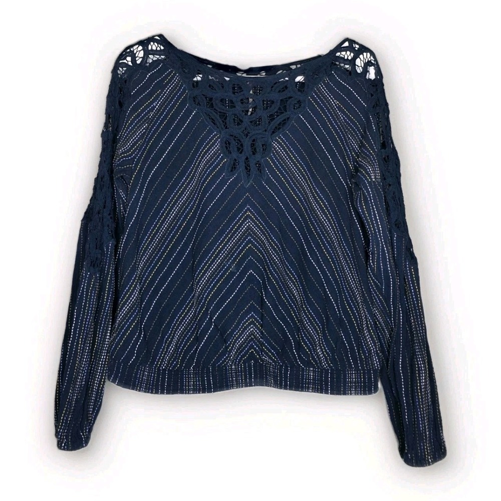 Free People Womens Cottagecore Blouse Sz XL Lace Details Bishop Sleeves Navy